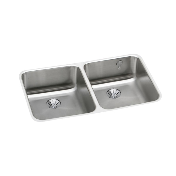 Lustertone Stainless Steel 30-3/4 X 18-1/2 X 7-7/8 Equal Double Bowl Undermount Sink W/Perfect Drain